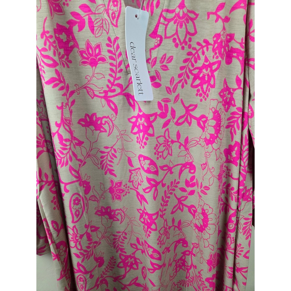 Dear Scarlett Pink Floral Paisley Split Neck Roll Tab Sleeve Tunic Top 2X NEW - Picture 6 of 10